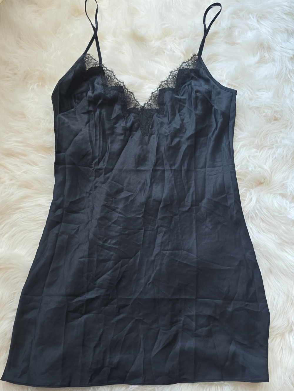 Victoria's Secret Black Satin Lace Trim Slip Chemise Size S